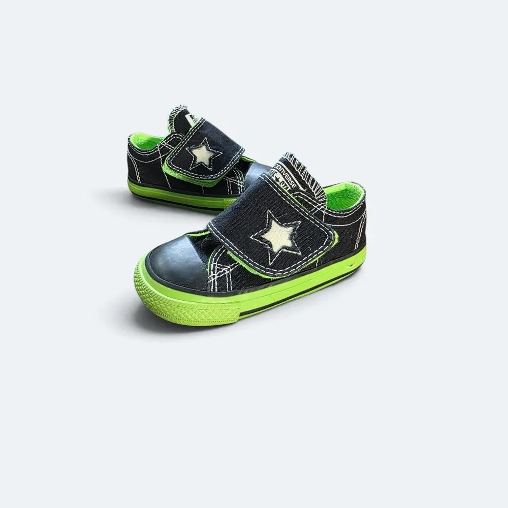 Converse One Star Infant Size 6 Black Lime Green Hook and Loop Sneakers